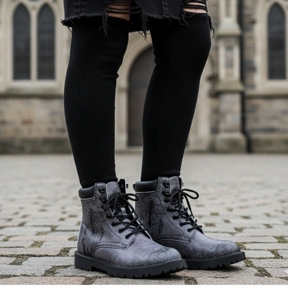 Gray Lace-Up Combat Boots for Women - Printed Ankle Moto Boots
